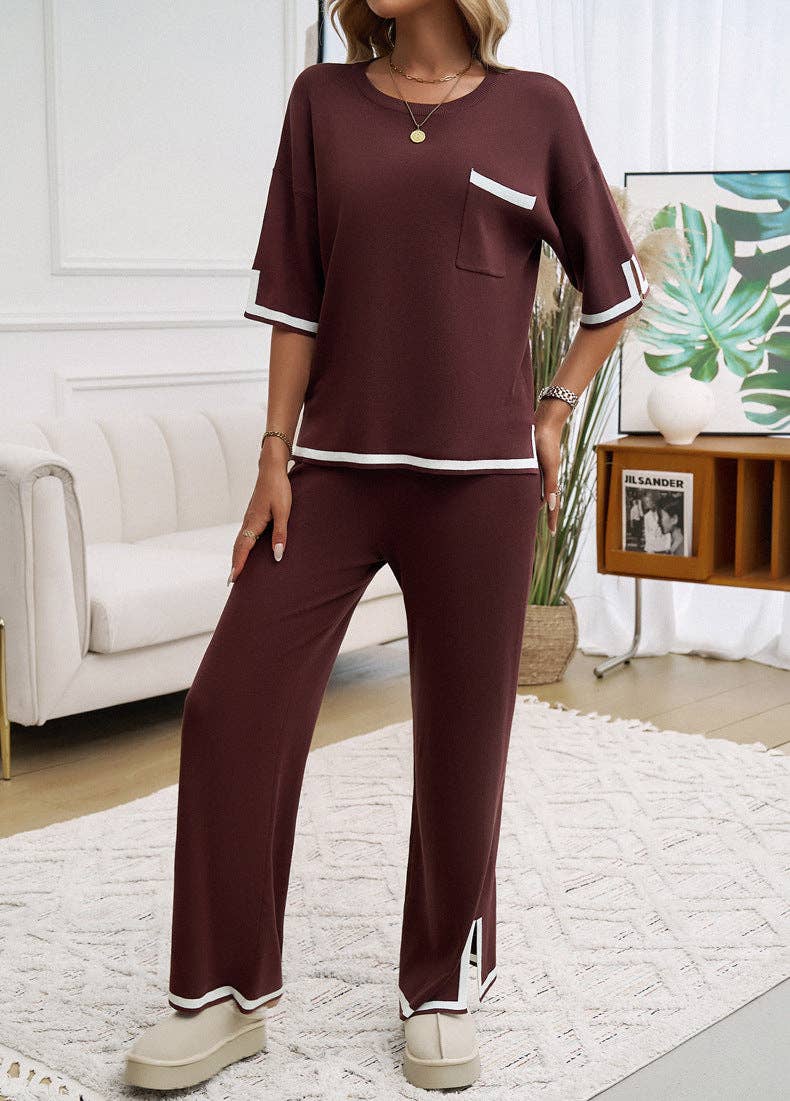 Lovesoft - 2 Piece Short Sleeve Contrasting Sweater Trouser Set