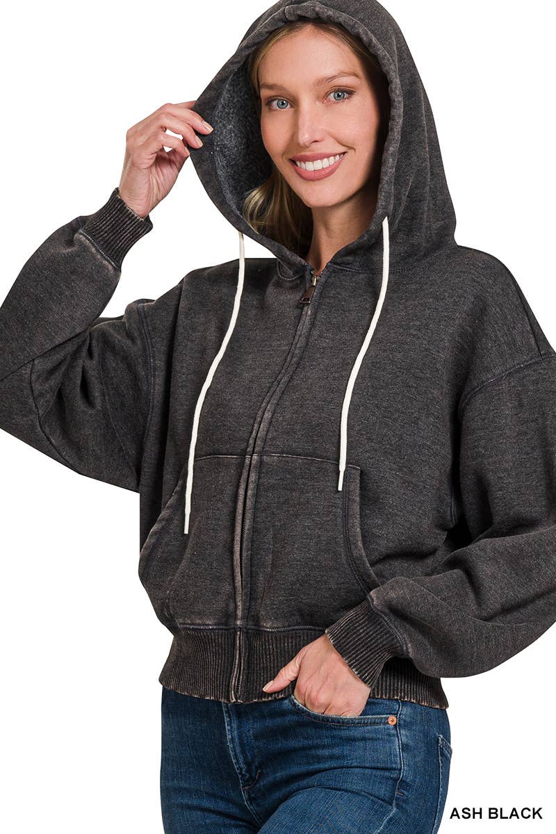 Acid Wash Fleece Cropped Zip-up Hoodie W Pockets: 2-2-2 (S-M-L) / LT OLIVE