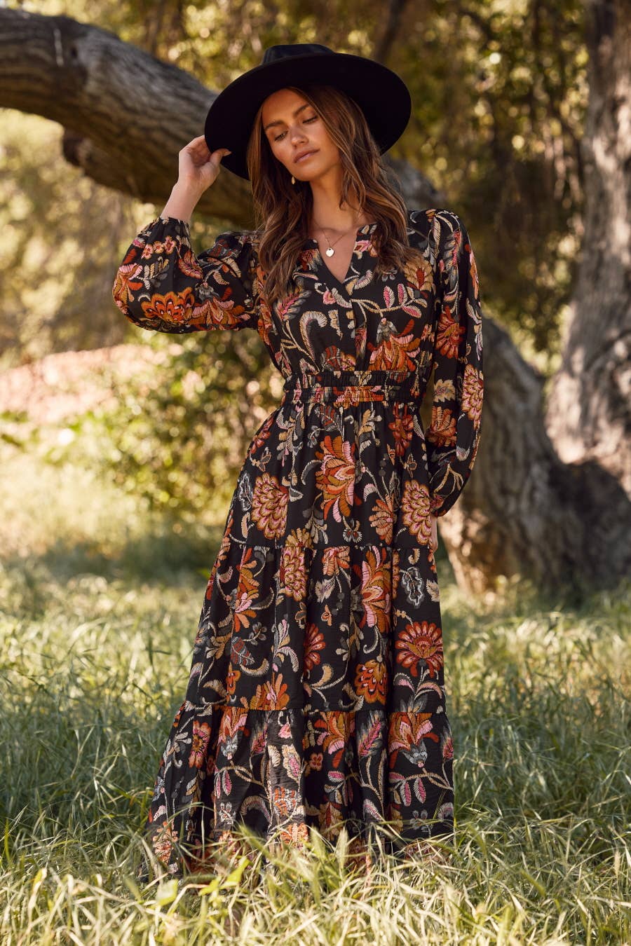 Oddi - Floral Printed Long Sleeve Midi Dress