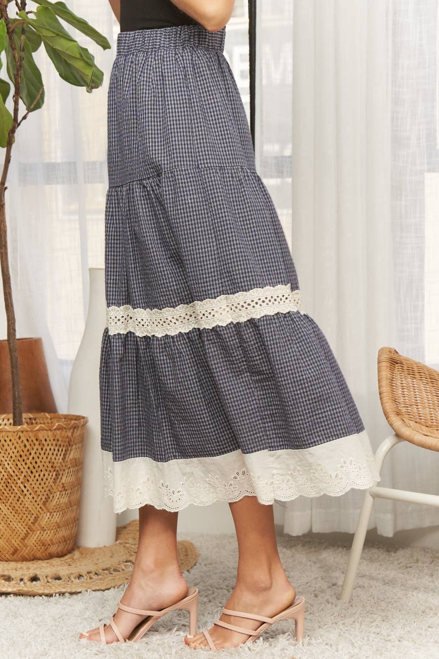 ADORA LA - CES4088 -GINGHAM TIERED MIDI SKIRT LACE TRIM