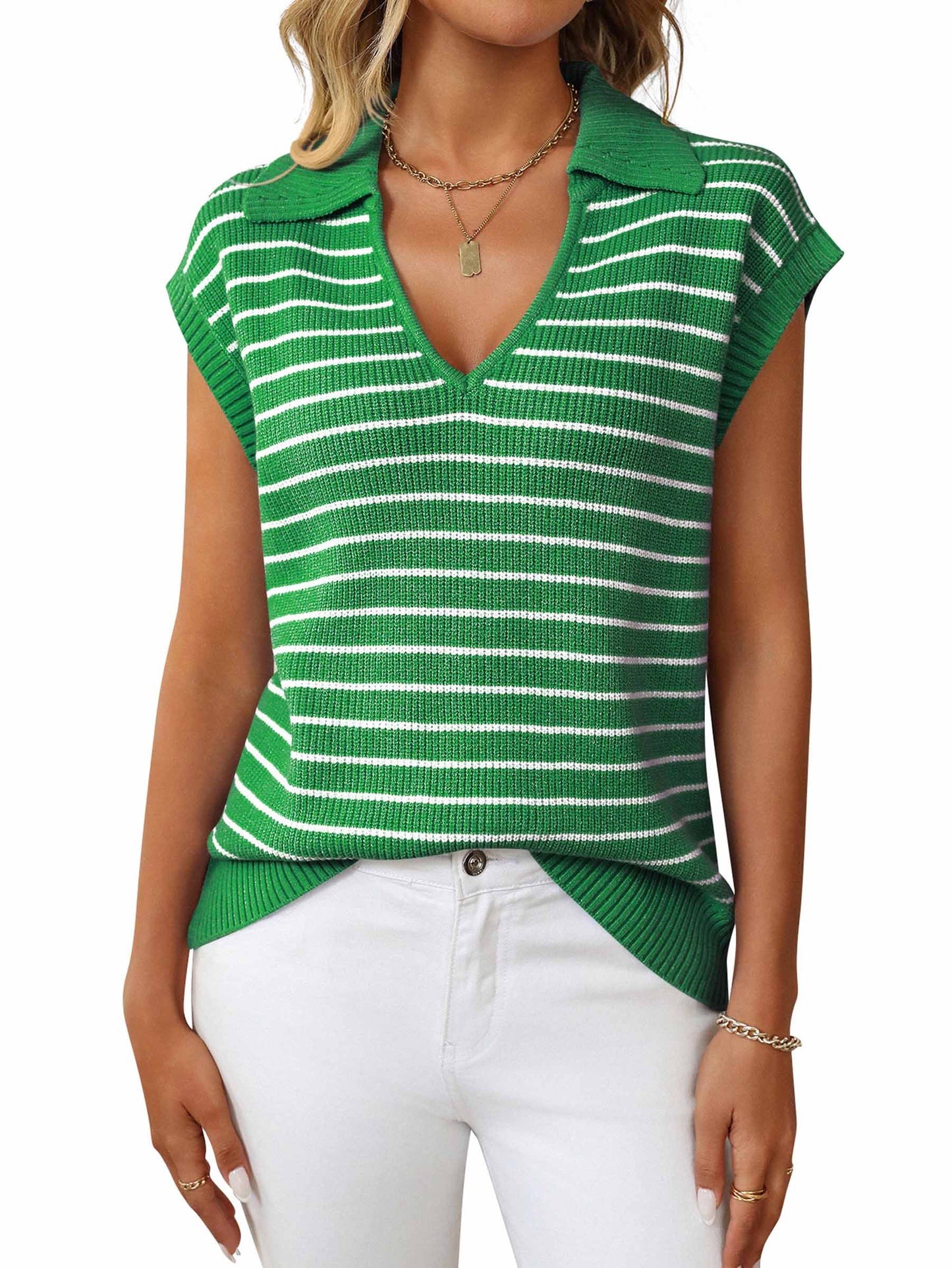 Wholesalesir - V-neck Knitted Striped Lapel Top