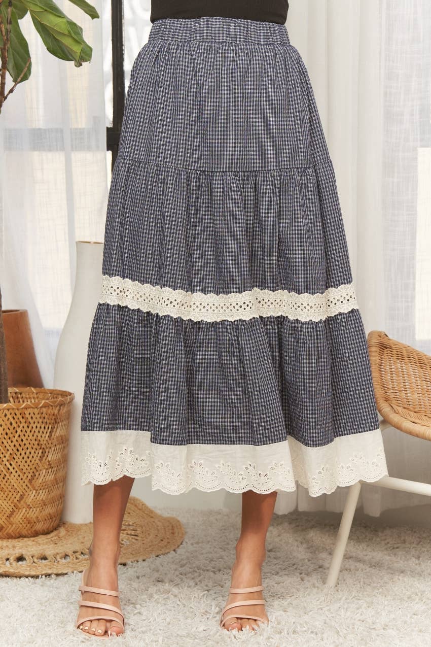 ADORA LA - CES4088 -GINGHAM TIERED MIDI SKIRT LACE TRIM