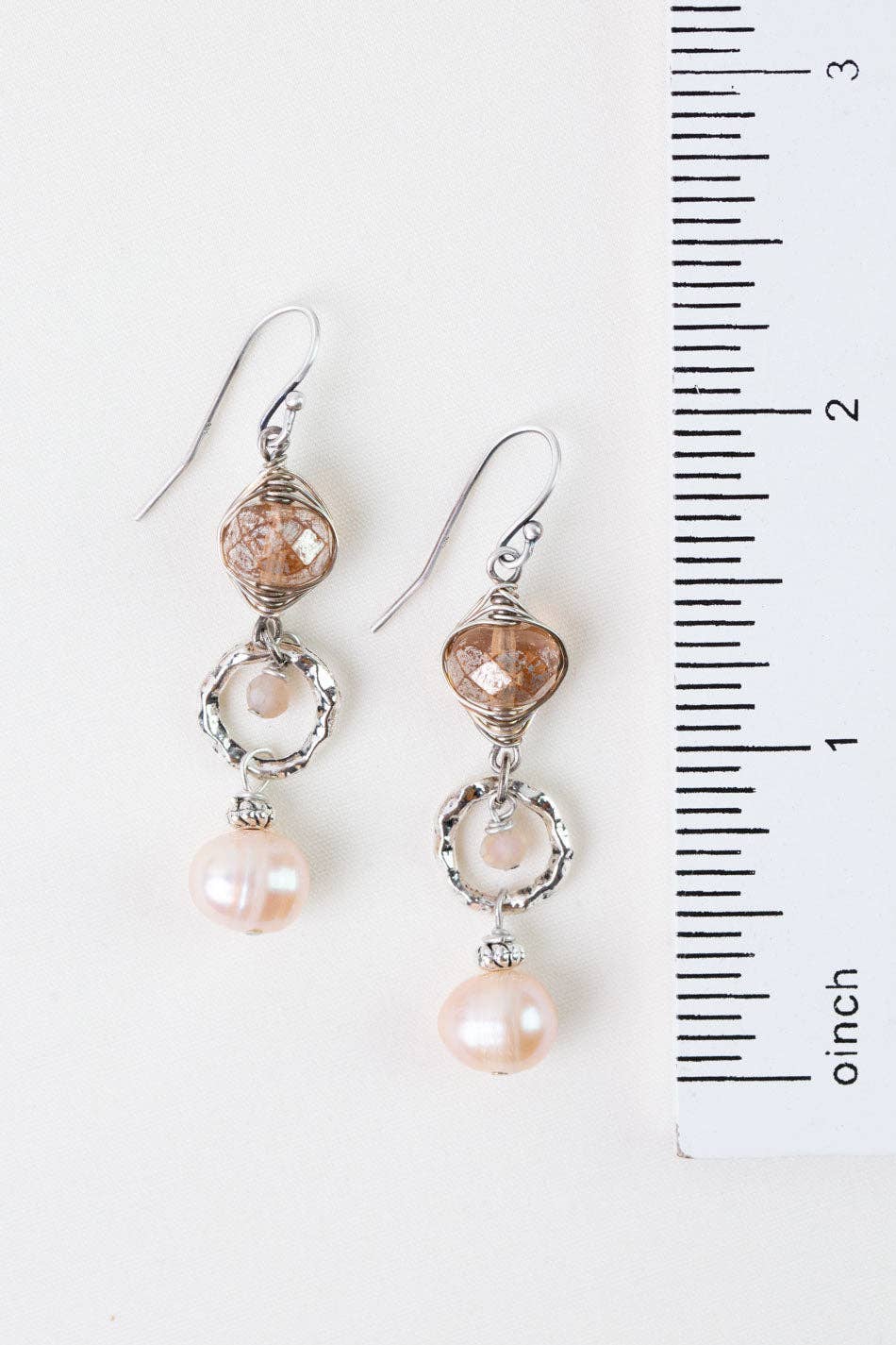 Anne Vaughan Designs Jewelry - Blush Freshwater Pearl, Czech Glass, Crystal Herringbone Earrings