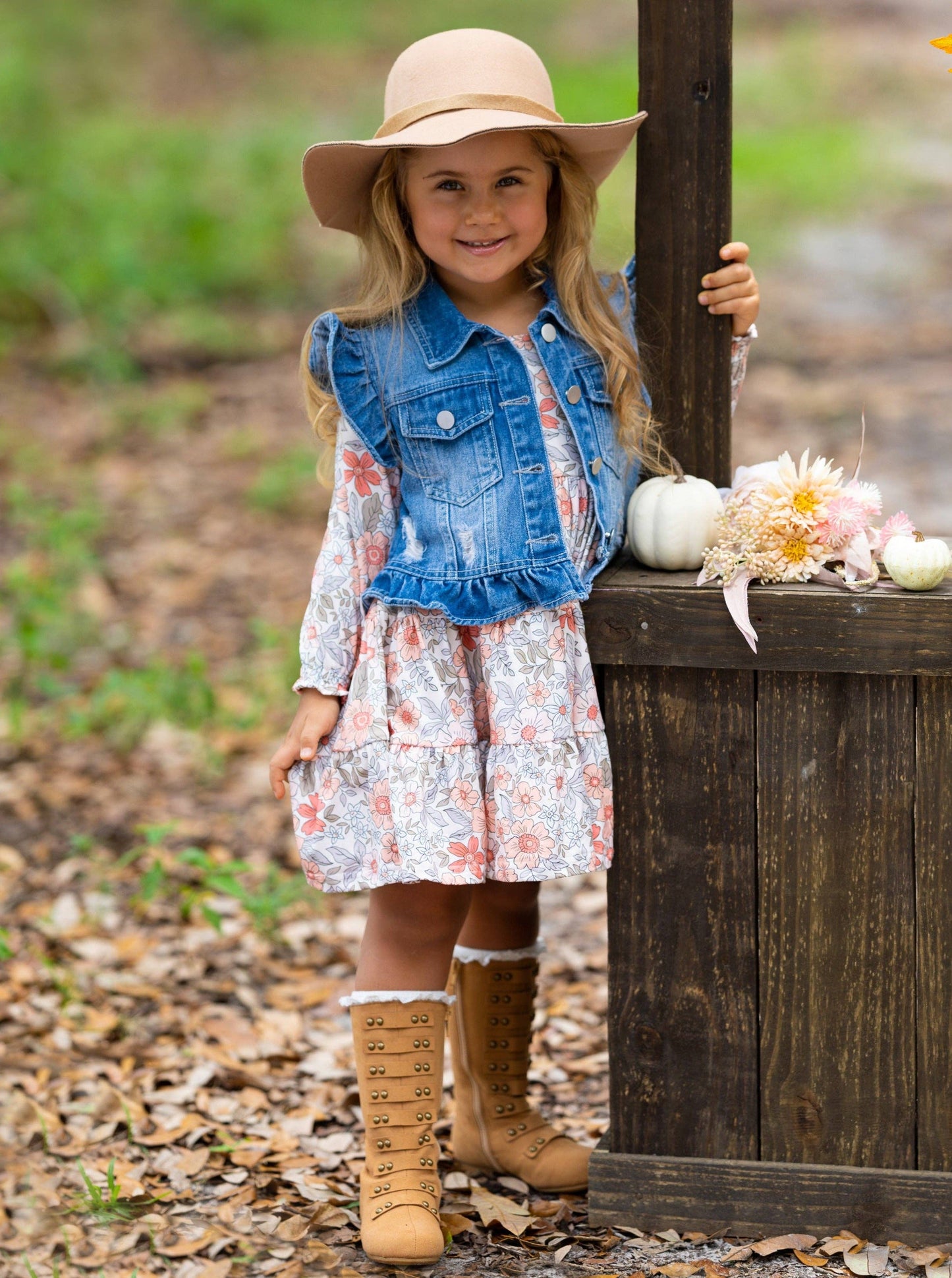 Mia Belle Girls • Wholesale - Long Sleeve Floral Dress w/ Ruffle Denim Vest & Set