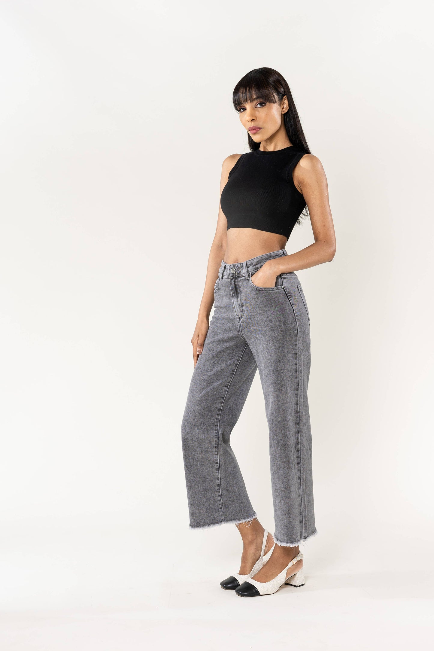 Nina Carter - Jean Nina Carter flare cropped frayed stretch QY1850