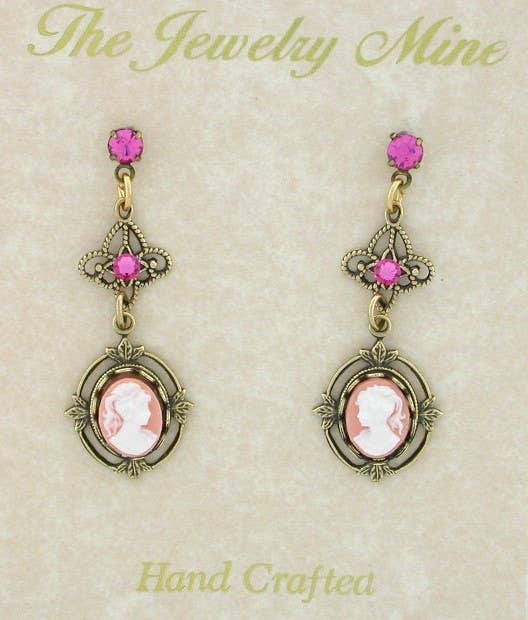 VintageJewelrymine - Victorian Style Filigree Cameo Drop Earrings - Pink