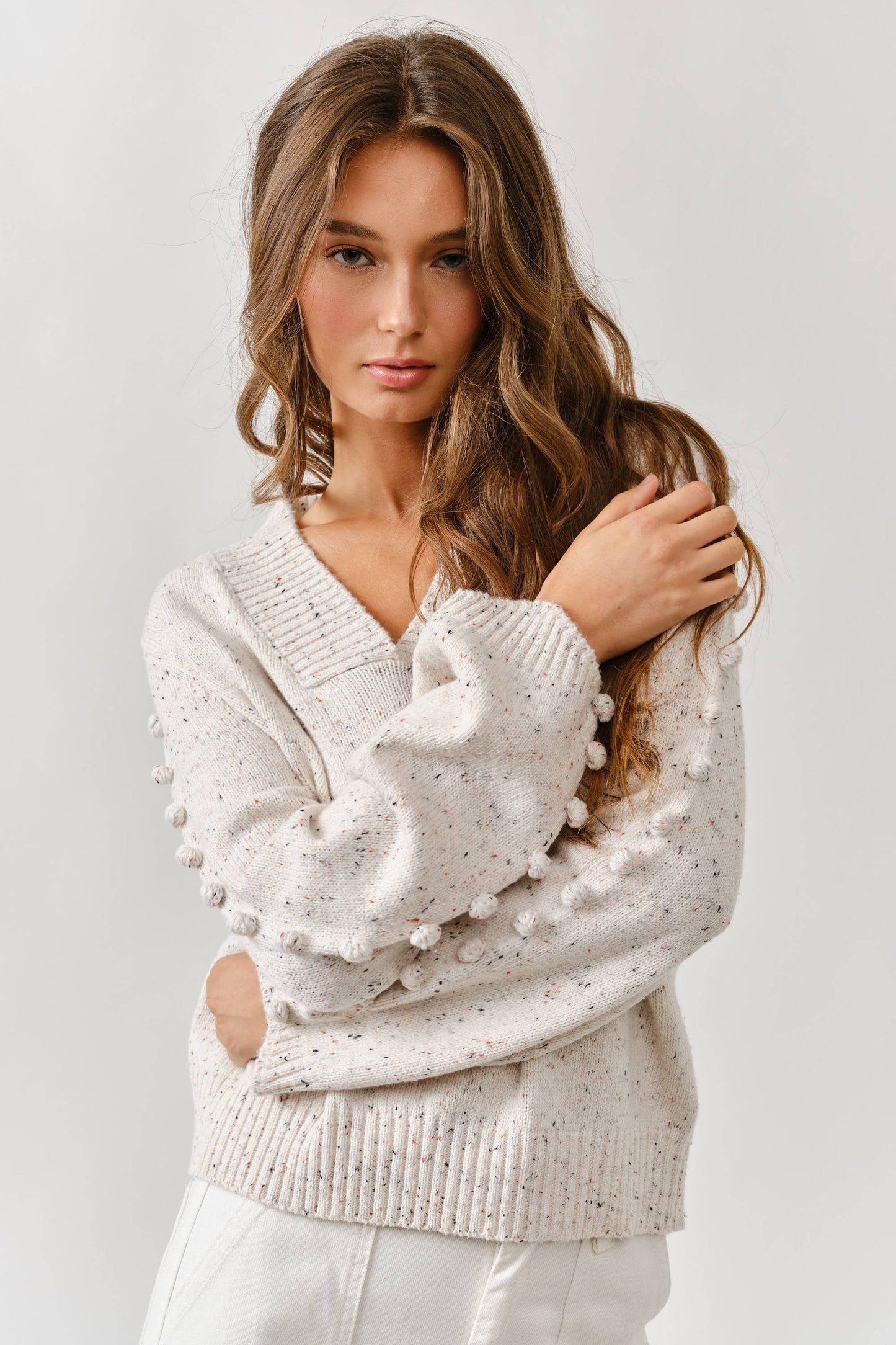 Aaron & Amber - MAS2843 POMPOM LONG SLEEVES V NECK SWEATER