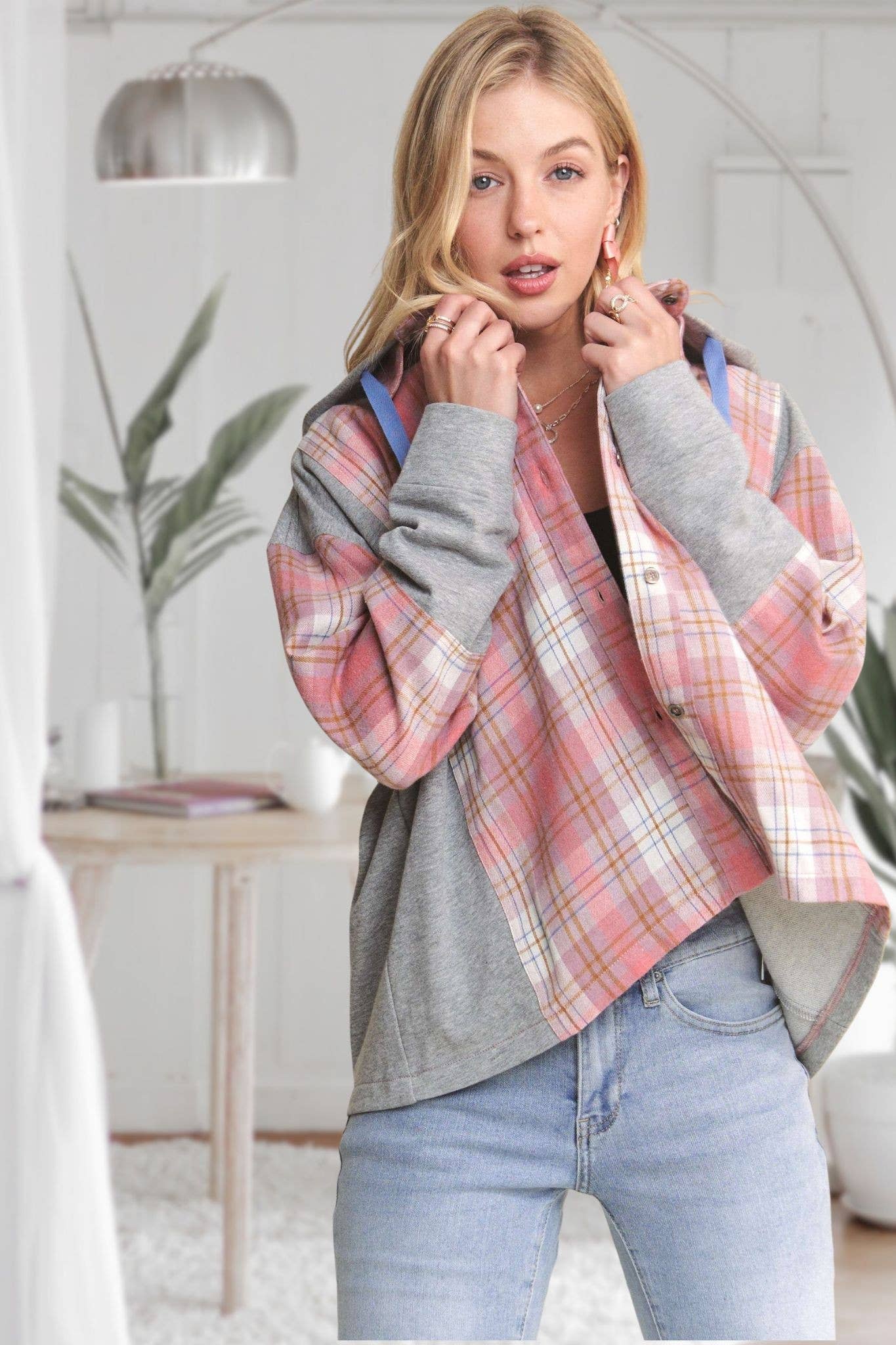 ADORA LA - CEJ3671WN - BUTTON DOWN PLAID HOODIE SHACKET