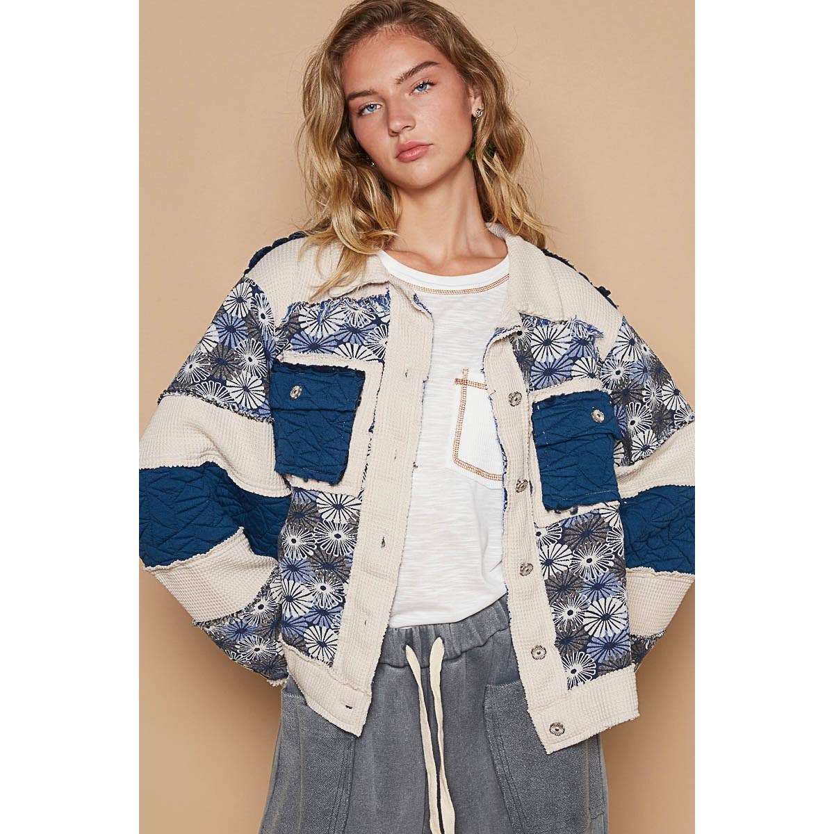 Pol Clothing - Vintage washed jacquard color block jacket