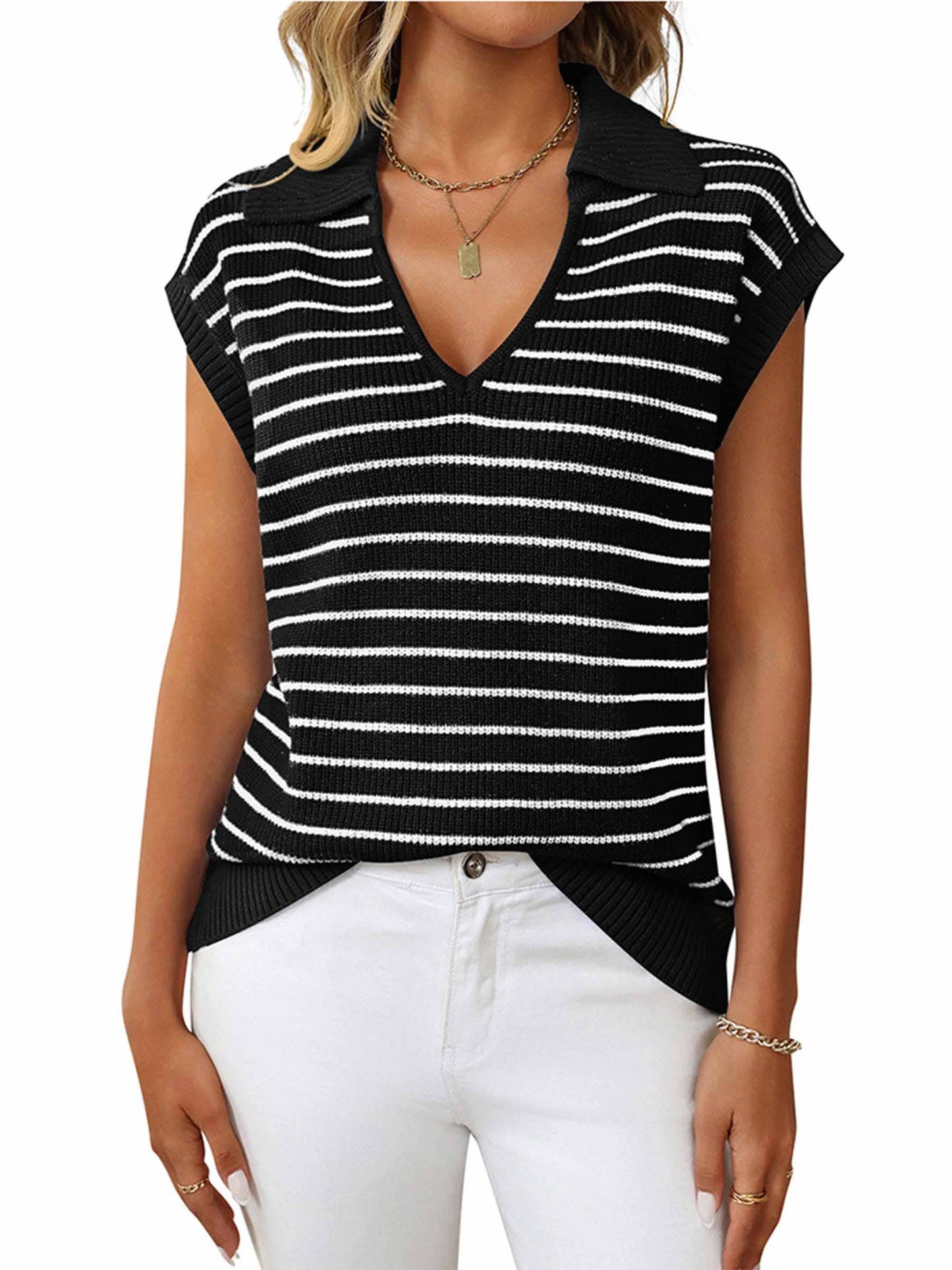 Wholesalesir - V-neck Knitted Striped Lapel Top