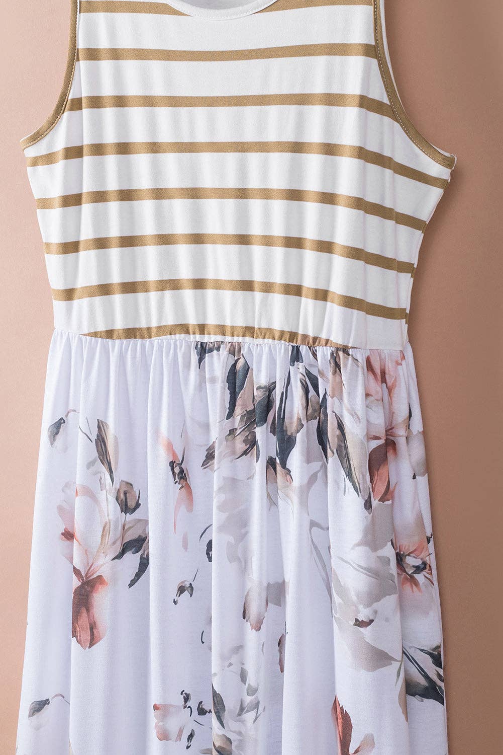 Lovesoft - White Striped Floral Print Sleeveless Maxi Dress with Pocket