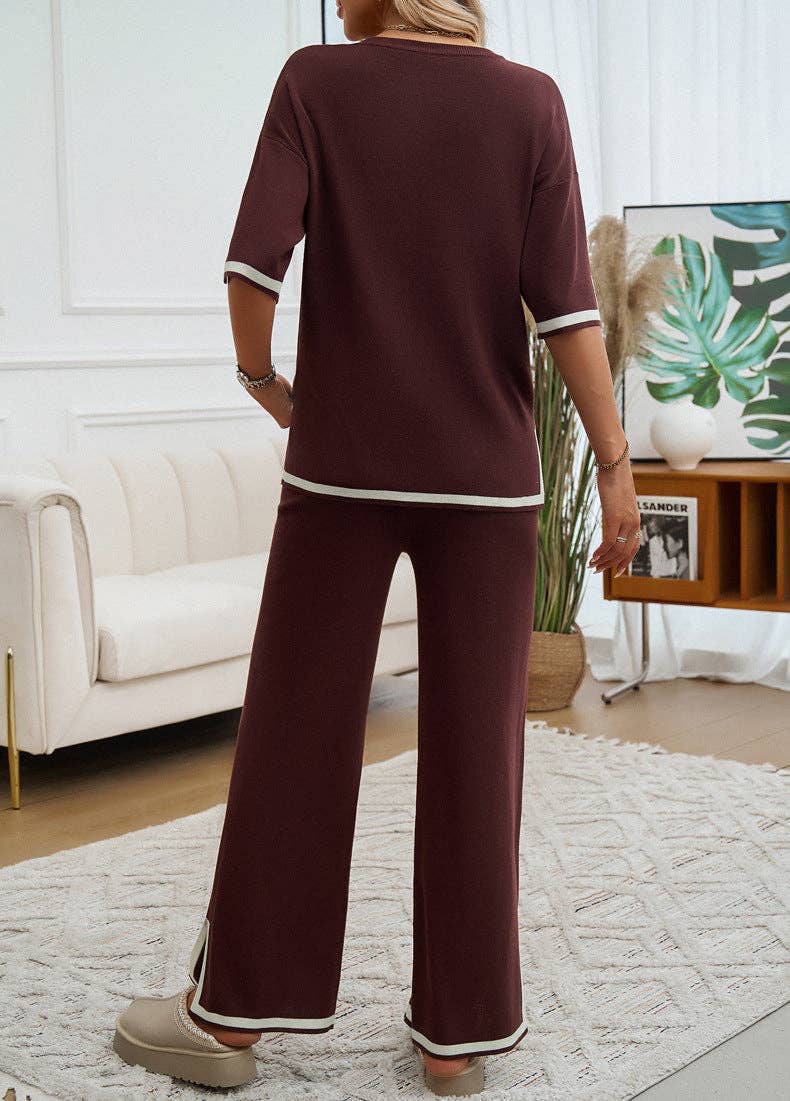 Lovesoft - 2 Piece Short Sleeve Contrasting Sweater Trouser Set