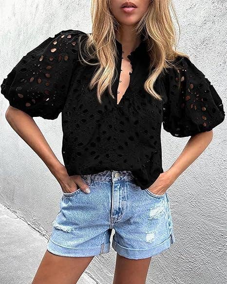 Rosa Clothing - Bohemia Crochet lace Eyelet high neck short sleeve blouse