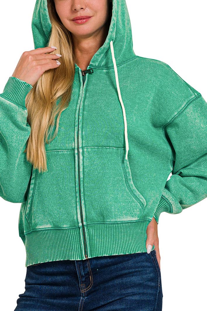 Acid Wash Fleece Cropped Zip-up Hoodie W Pockets: 2-2-2 (S-M-L) / LT OLIVE