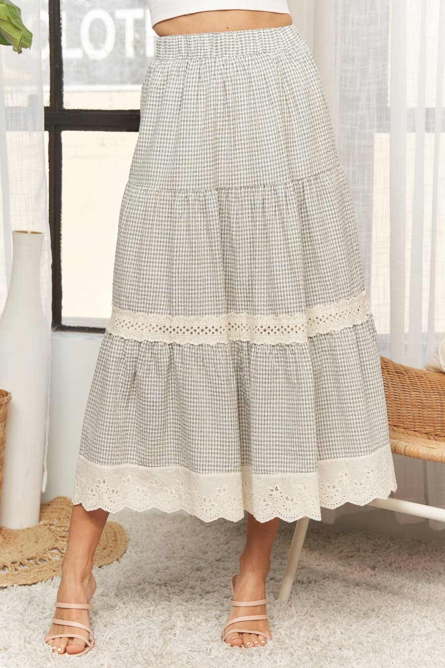 ADORA LA - CES4088 -GINGHAM TIERED MIDI SKIRT LACE TRIM