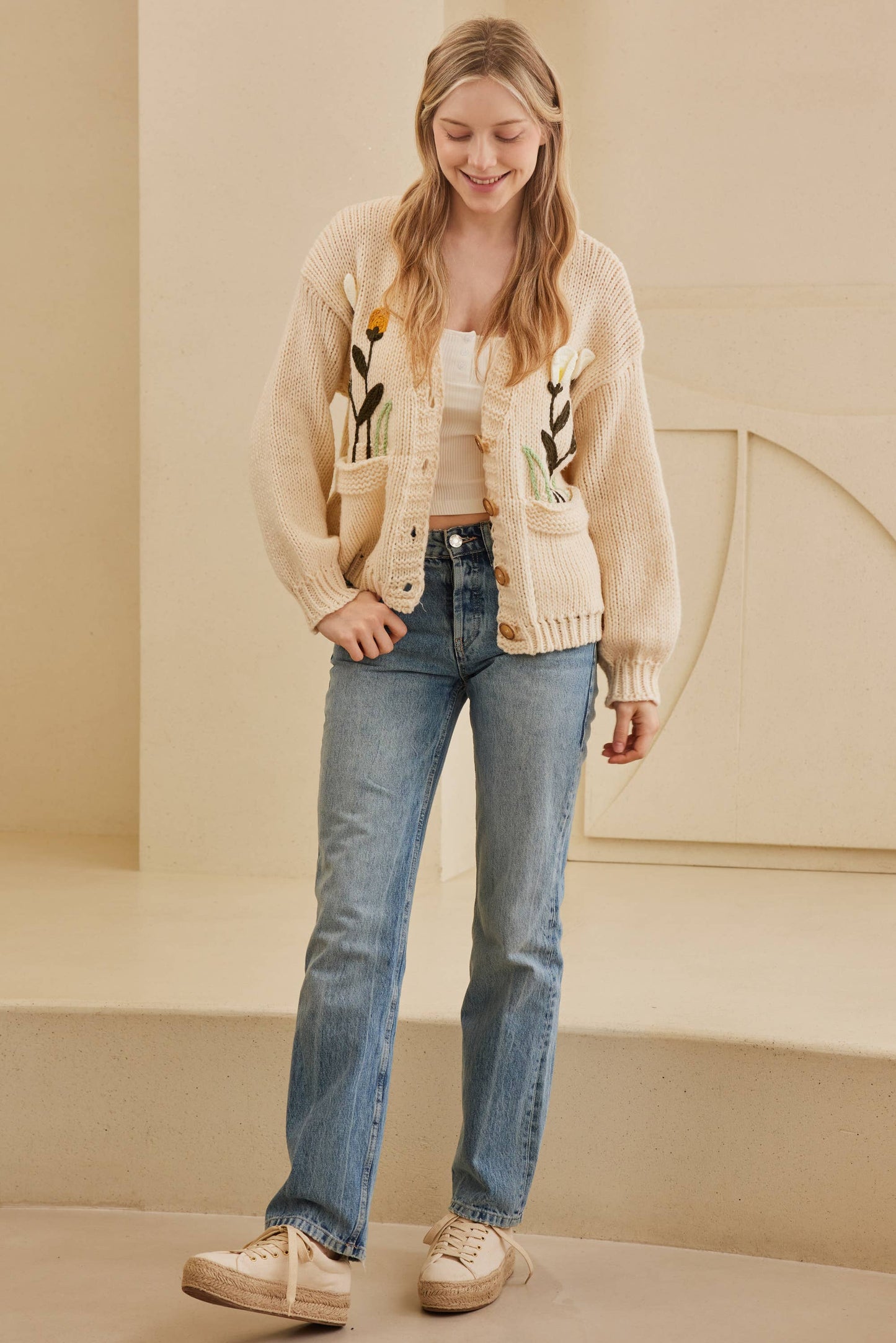Mello. - Flower Embroidered Knit Cardigan