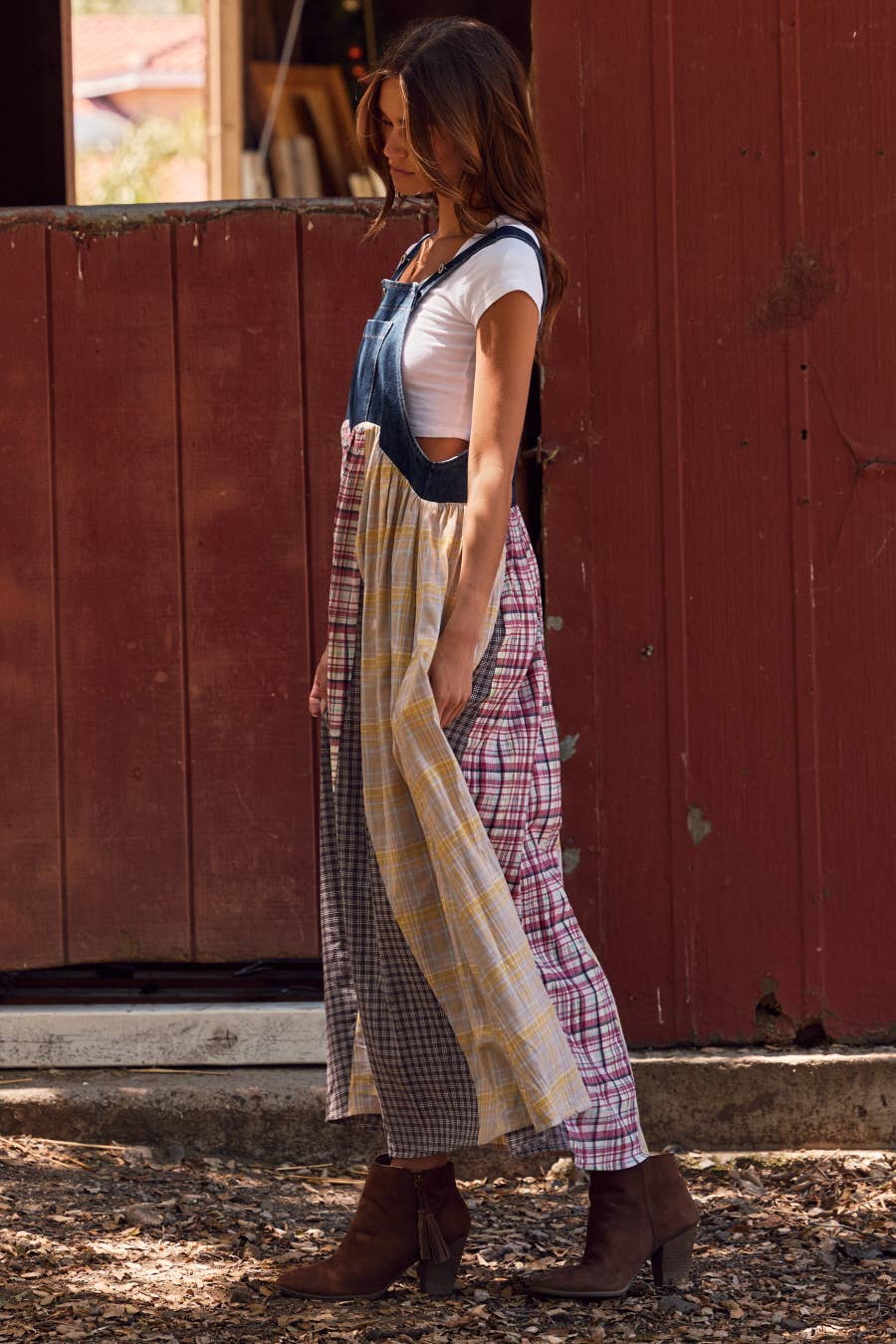 Oddi - Patchwork Plaid Overall Dress