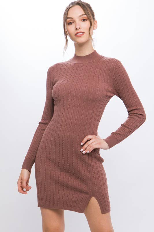 Mock Neck Knit Long Sleeve Dress With Side Slit: 2-2-2 (S-M-L) / H GREY