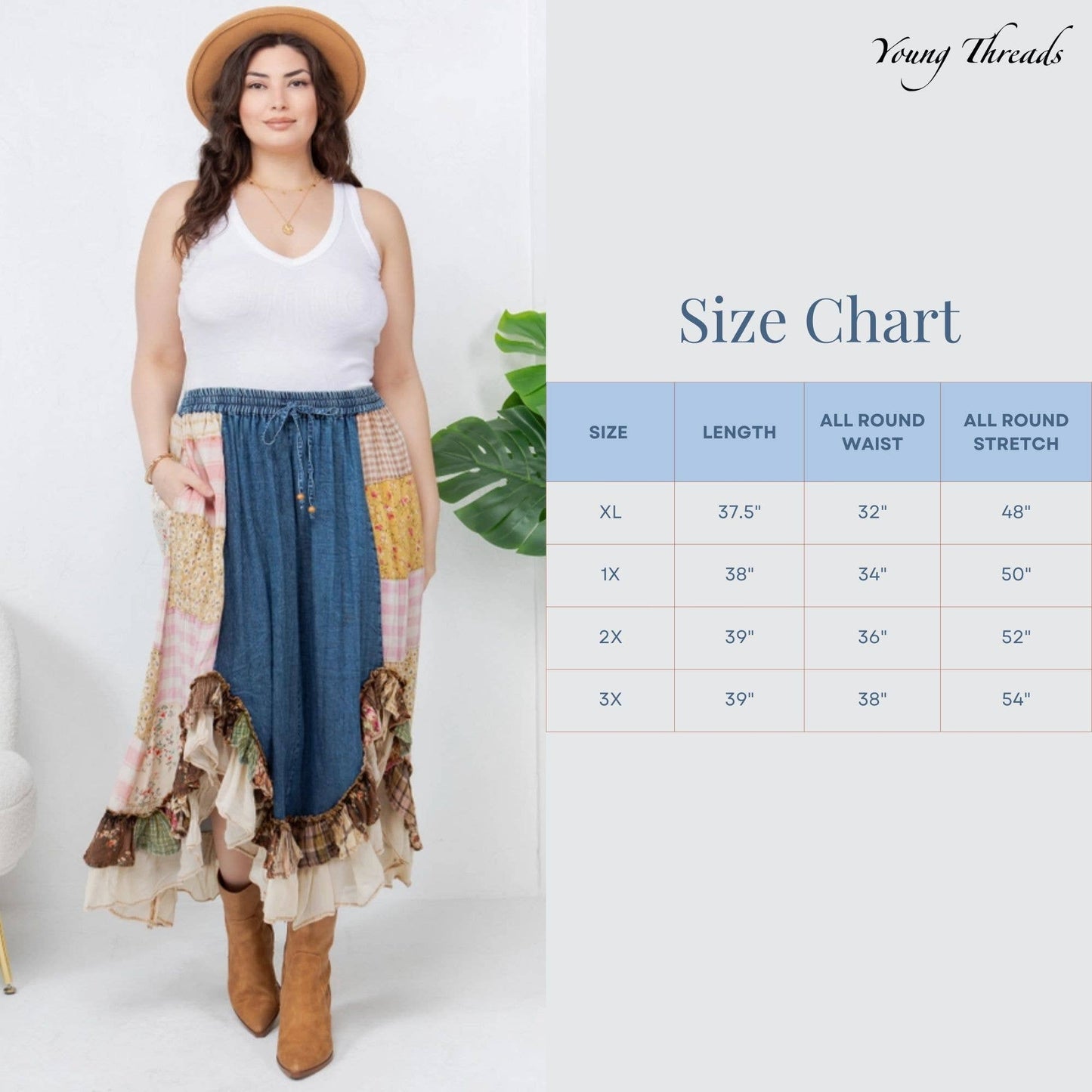 Young Threads - Western Boho Chic: Patchwork Midi Skirt