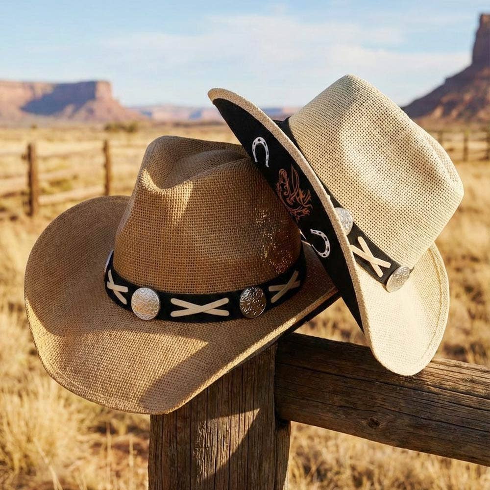 Sensibling Corp. - Underbrim Horse Horseshoe Print Crisscross Lace Conch Accent Band Western Cowboy Hat