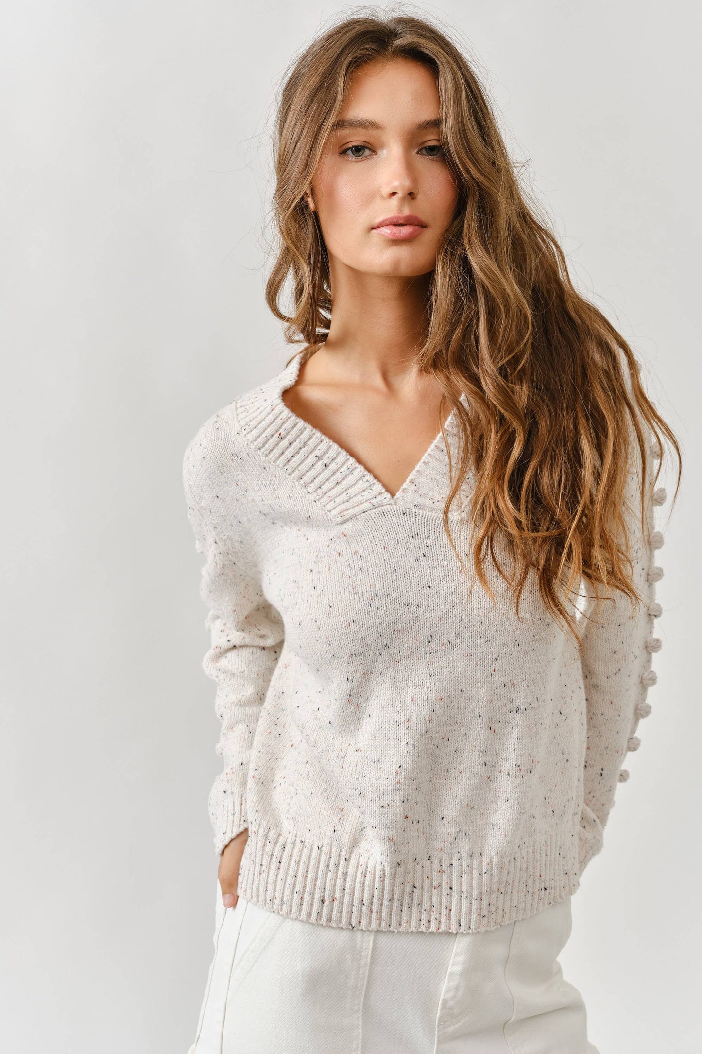 Aaron & Amber - MAS2843 POMPOM LONG SLEEVES V NECK SWEATER