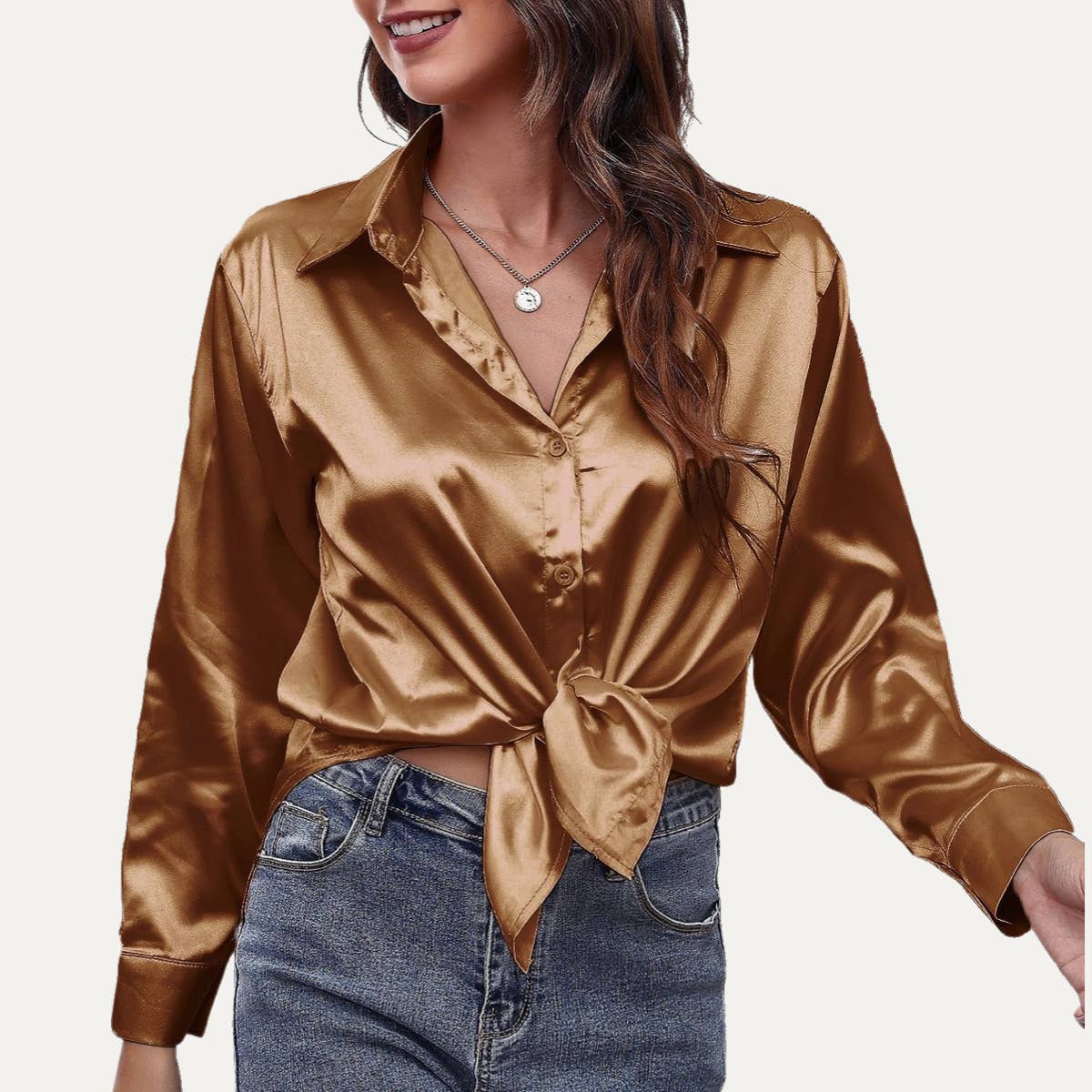Easily Chic Solid Long Sleeve Button-Up Satin Shirt: BROWN / S