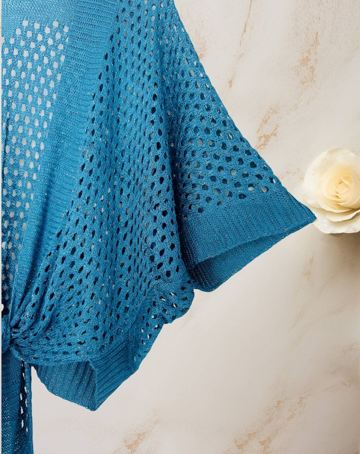JC Sunny Fashion - JC063344 Eyelet Open-Knit Metallic Cardigan with Front Tie