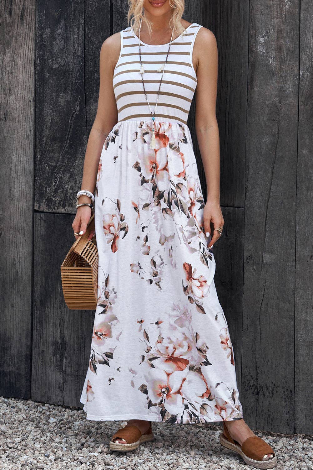Lovesoft - White Striped Floral Print Sleeveless Maxi Dress with Pocket