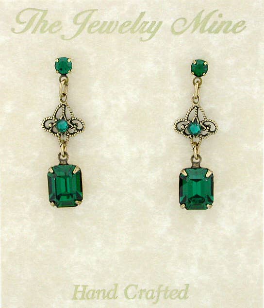 VintageJewelrymine - Victorian Style Filigree Crystal Drop Earrings - Emerald