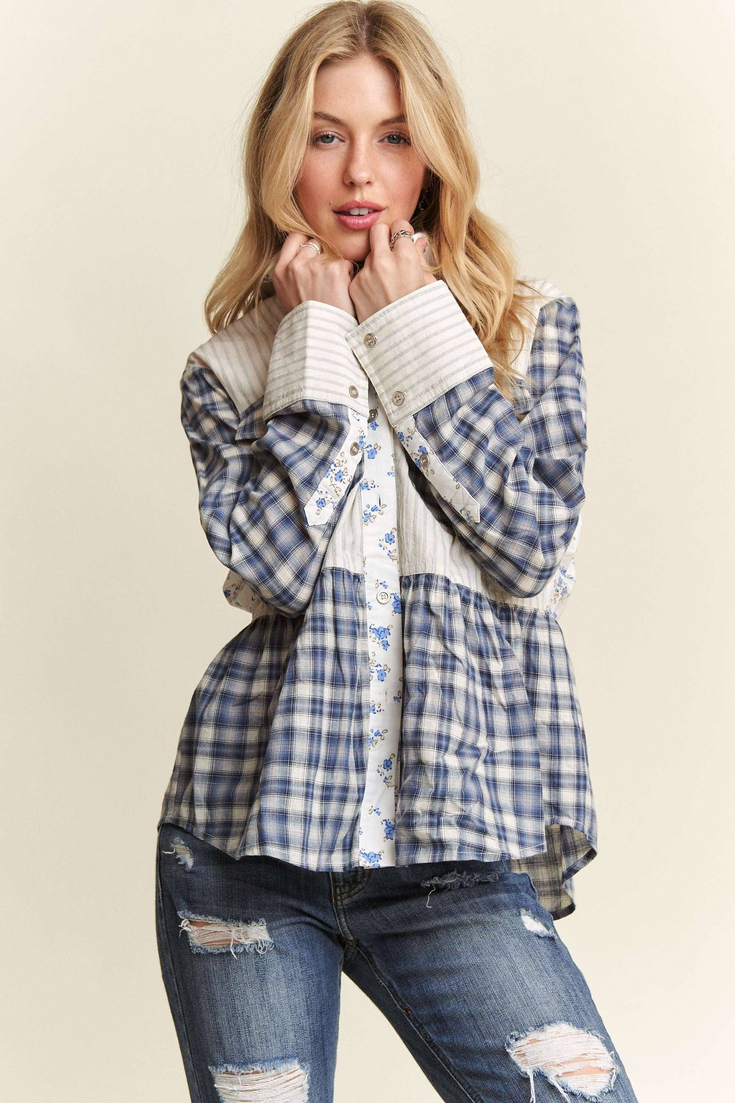 ADORA LA - BUTTON DOWN FABRIC MIX BABYDOLL SHIRT
