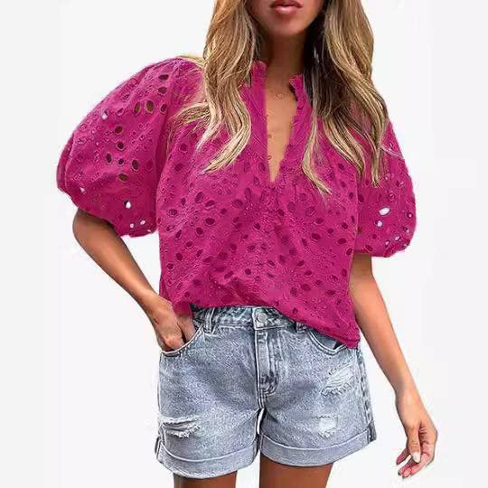 Rosa Clothing - Bohemia Crochet lace Eyelet high neck short sleeve blouse