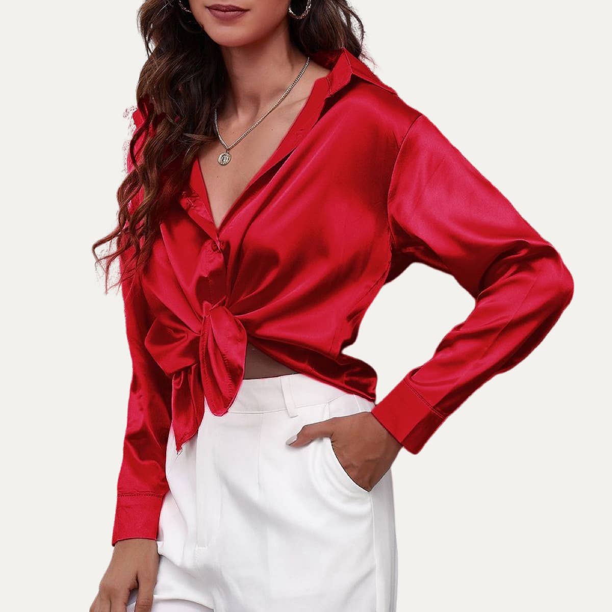 Easily Chic Solid Long Sleeve Button-Up Satin Shirt: BROWN / S