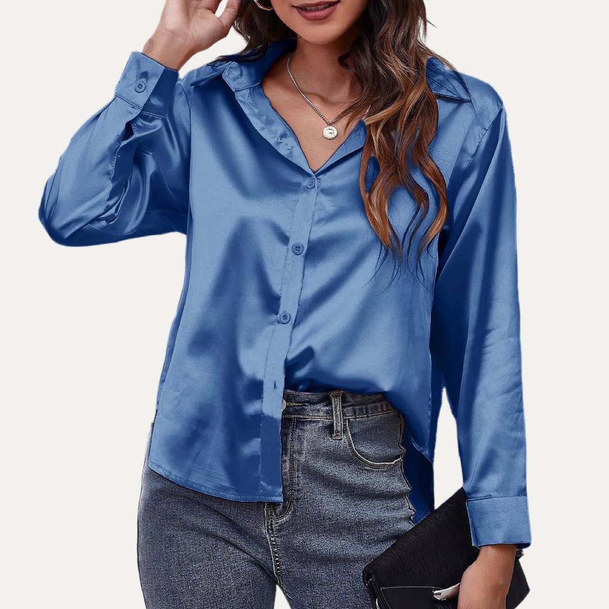 Easily Chic Solid Long Sleeve Button-Up Satin Shirt: BROWN / S