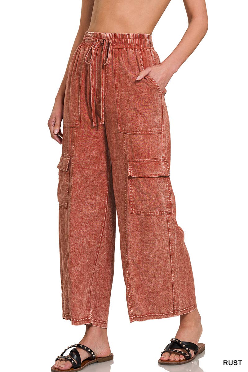 42POPS - ...SI-25974 WASHED LINEN ELASTIC BAND WAIST CARGO PANTS