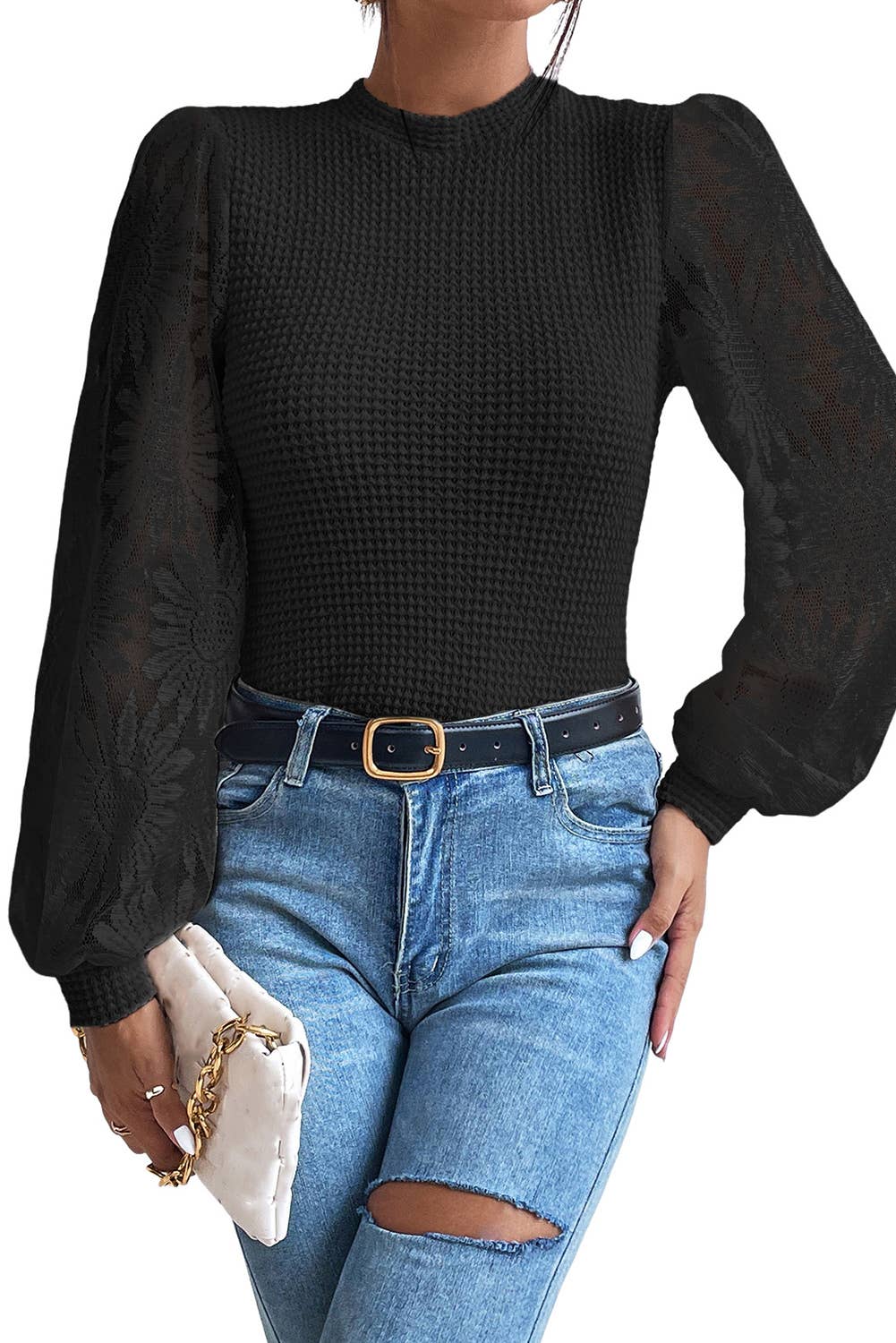 Pretty Bash - Sunflower Mesh Waffle Knit Top
