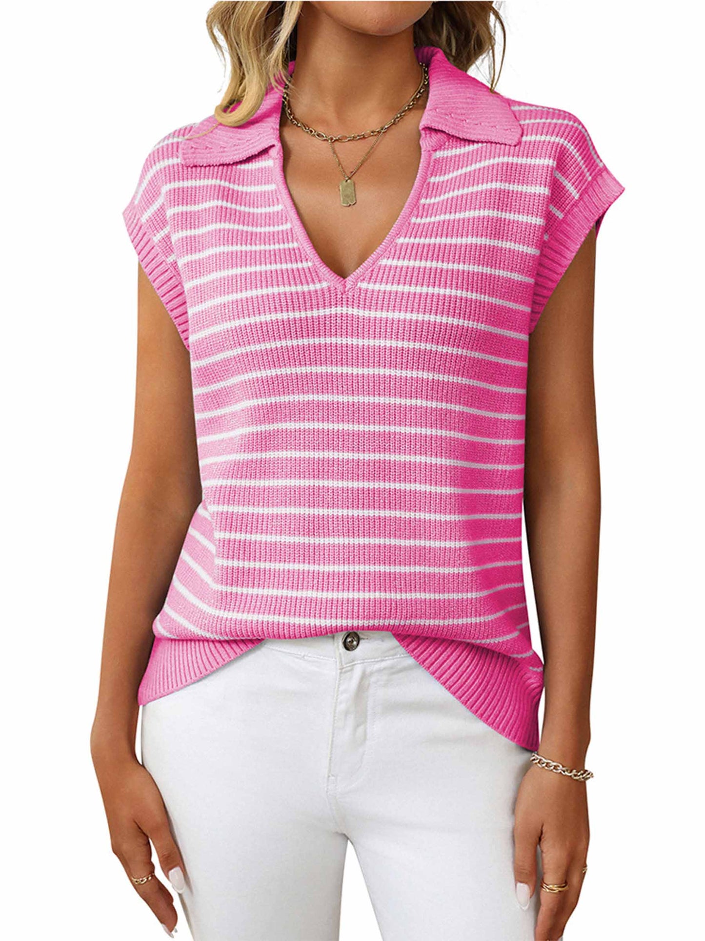 Wholesalesir - V-neck Knitted Striped Lapel Top