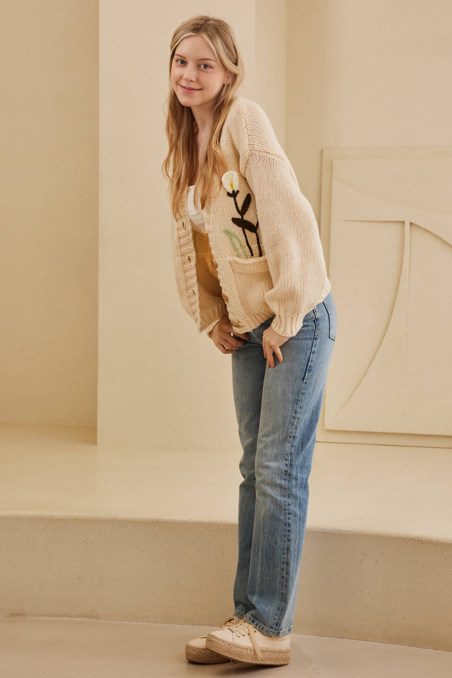Mello. - Flower Embroidered Knit Cardigan