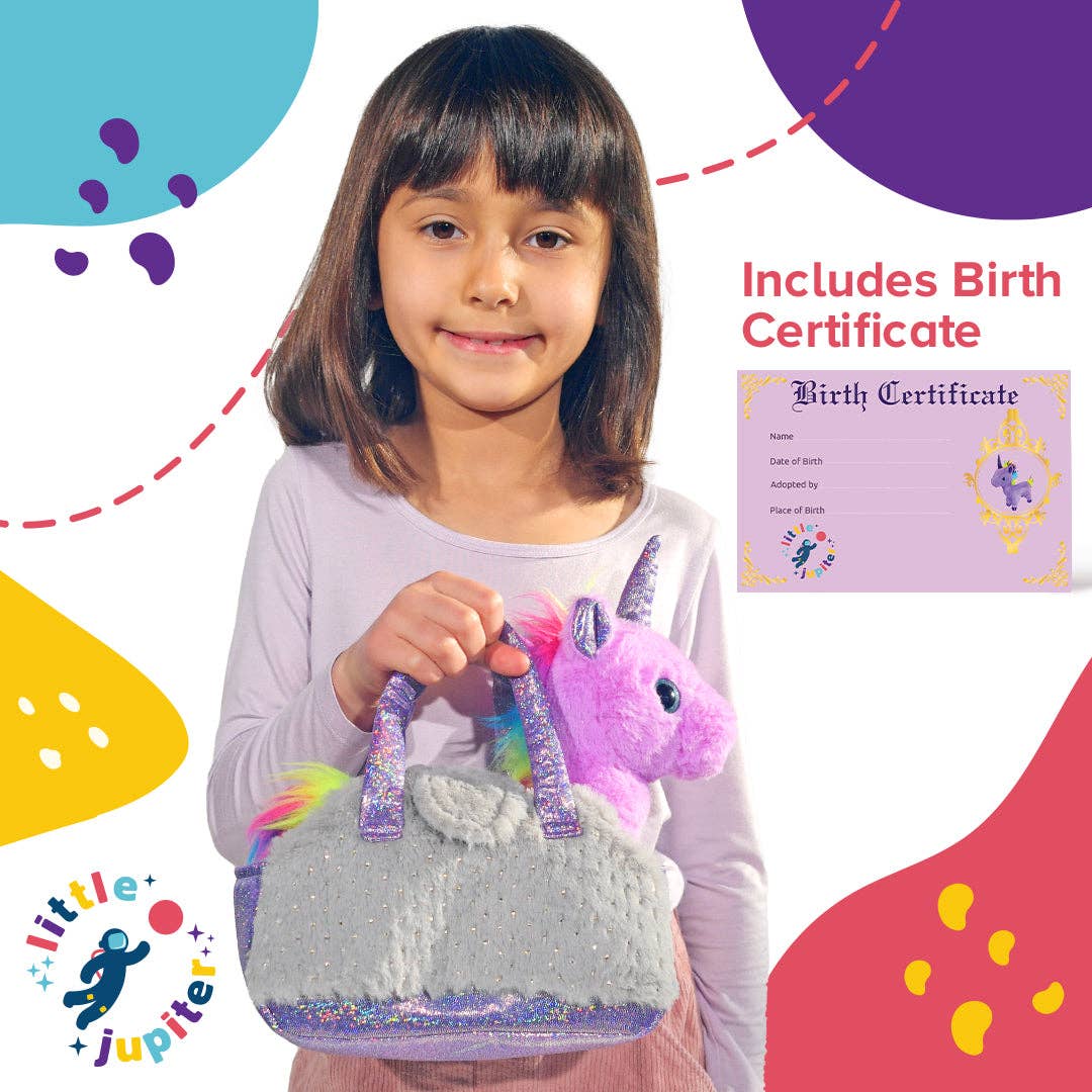Plush Pet Purse Set with Birth Certificate - Purple Unicorn with Grey Bag