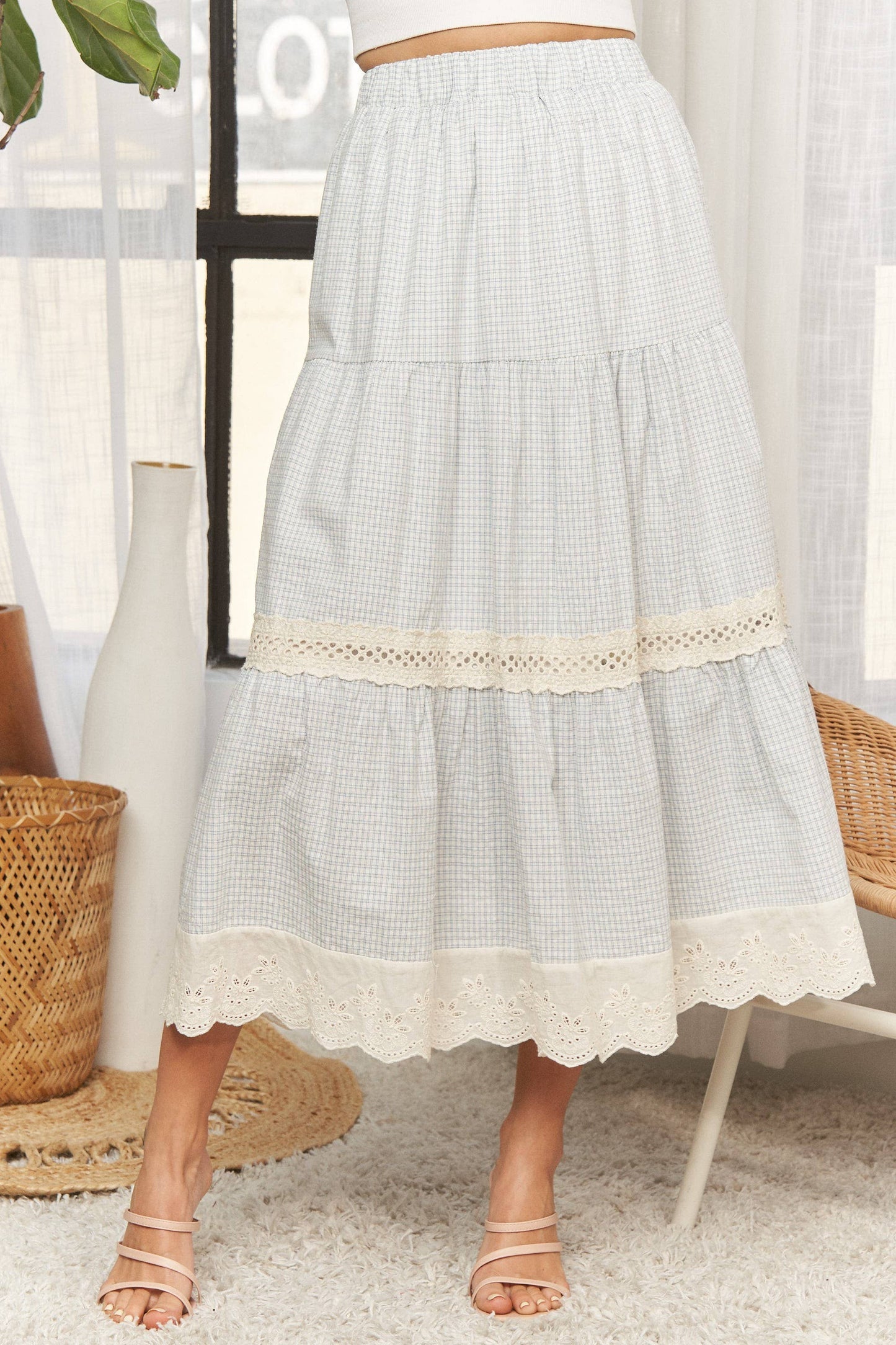 ADORA LA - CES4088 -GINGHAM TIERED MIDI SKIRT LACE TRIM