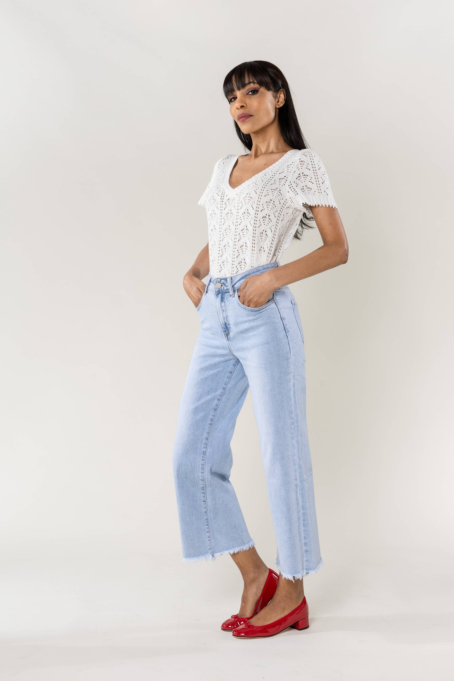 Nina Carter - Jean Nina Carter flare cropped frayed stretch QY1850