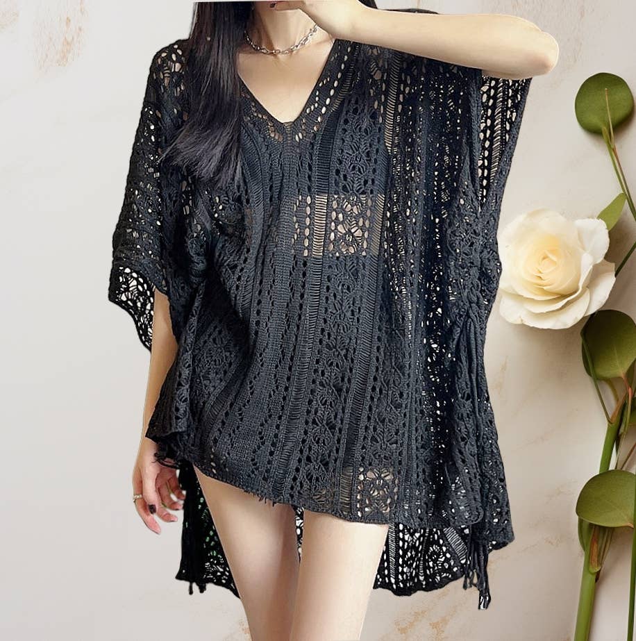 JC Sunny Fashion - JC063308 Sided-Tassel Detailed Crochet Tunic