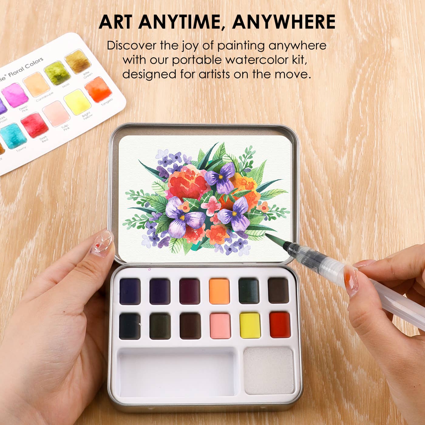 Grabie - Watercolor Pocket Set Of 12 With Brush - Floral Colors