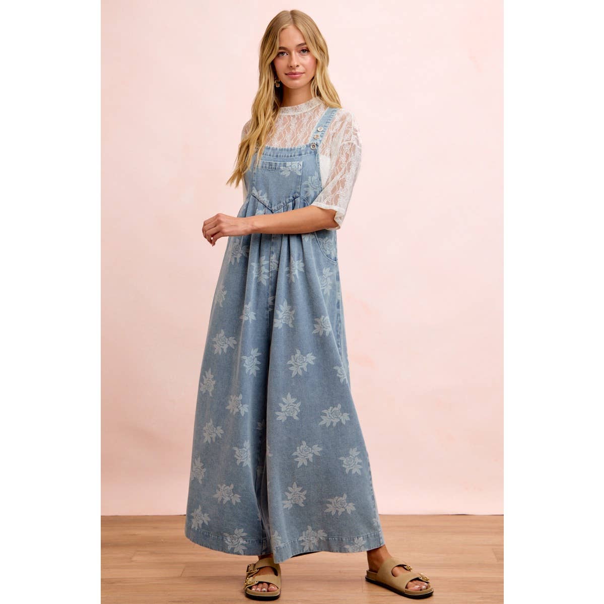 BiBi - ROSE PRINTED WASHED DENIM OVERALLS WITH PLEATS