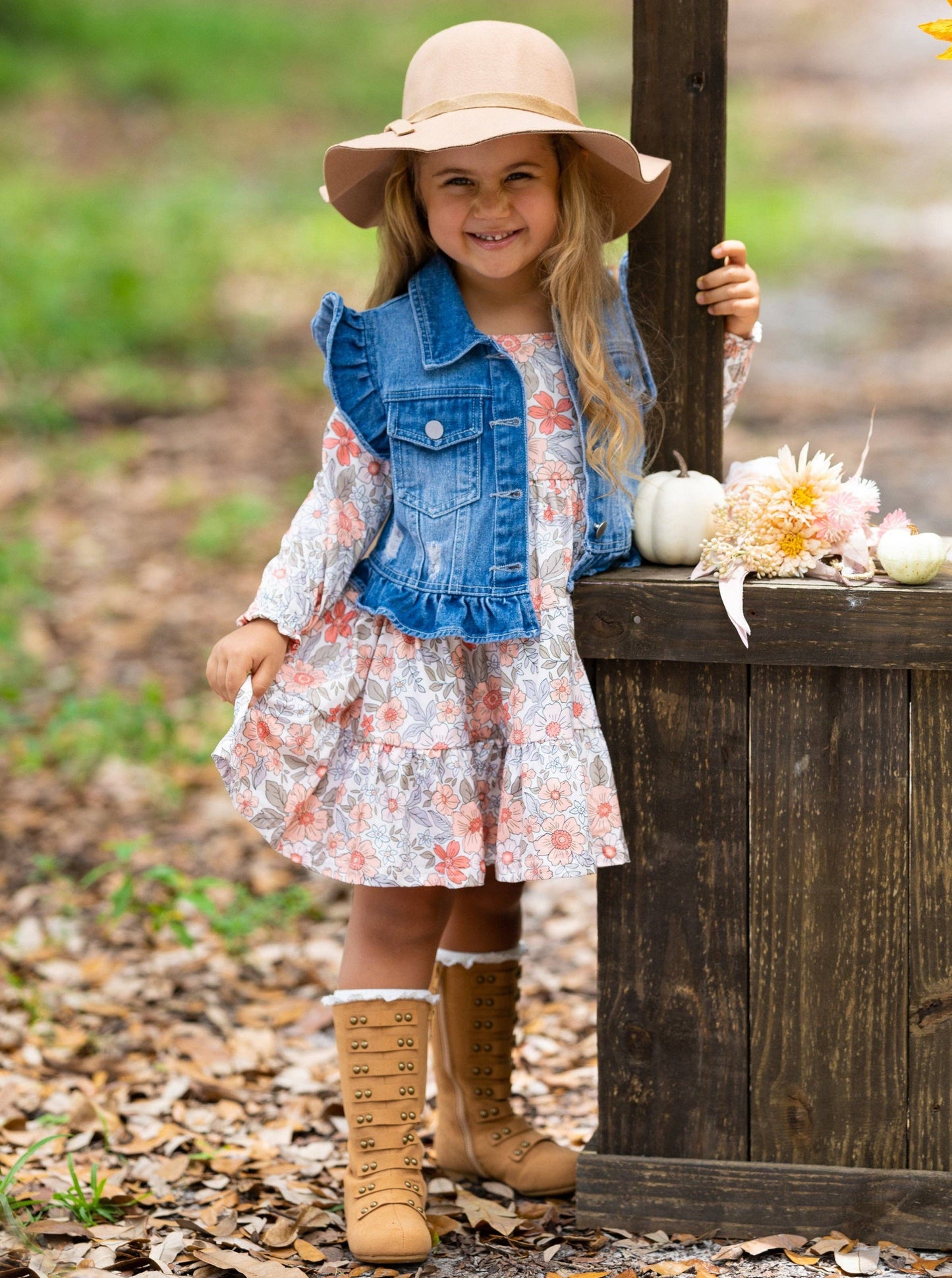 Mia Belle Girls • Wholesale - Long Sleeve Floral Dress w/ Ruffle Denim Vest & Set