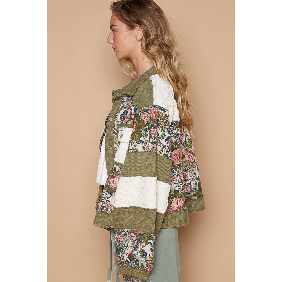 Pol Clothing - Vintage washed jacquard color block jacket