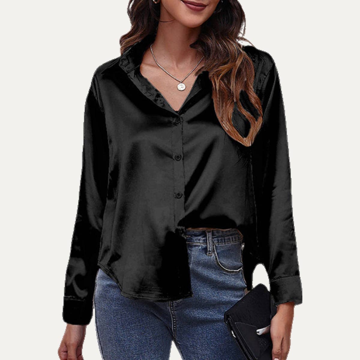 Easily Chic Solid Long Sleeve Button-Up Satin Shirt: BROWN / S