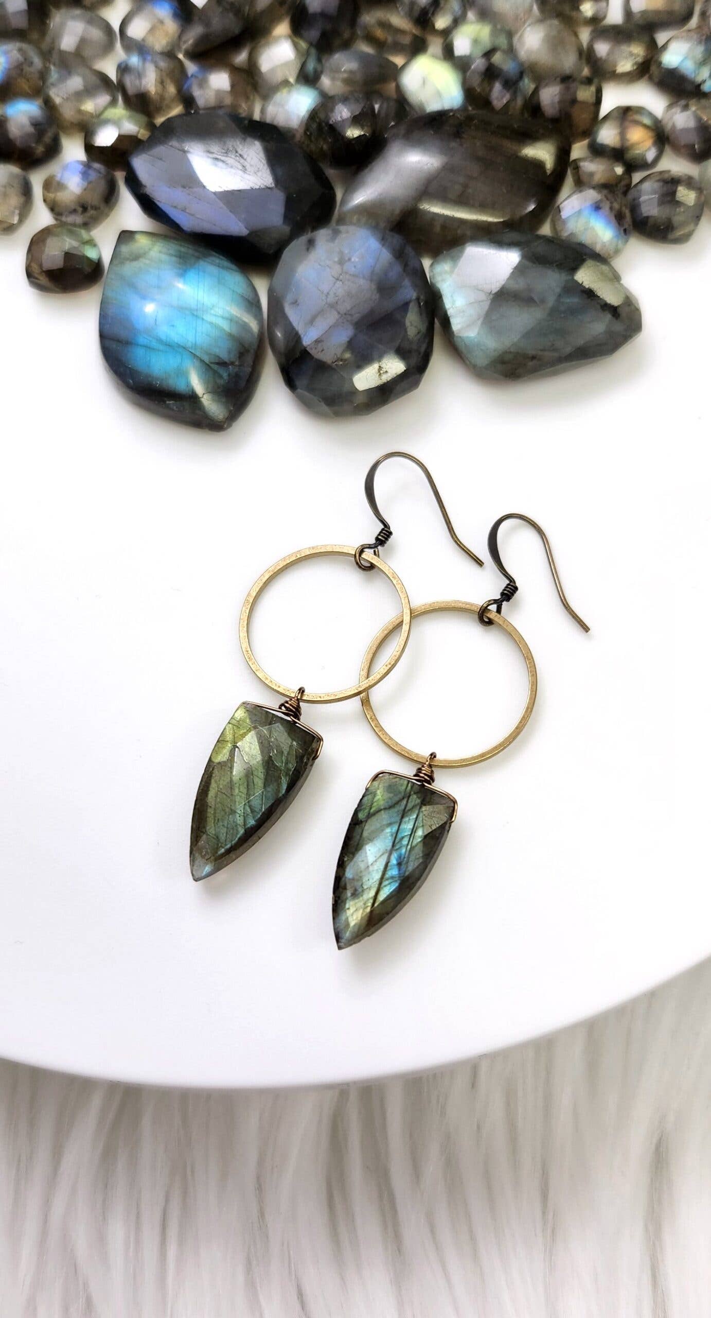 Edgy Petal Jewelry - Labradorite Shield Stone Hoop Earrings