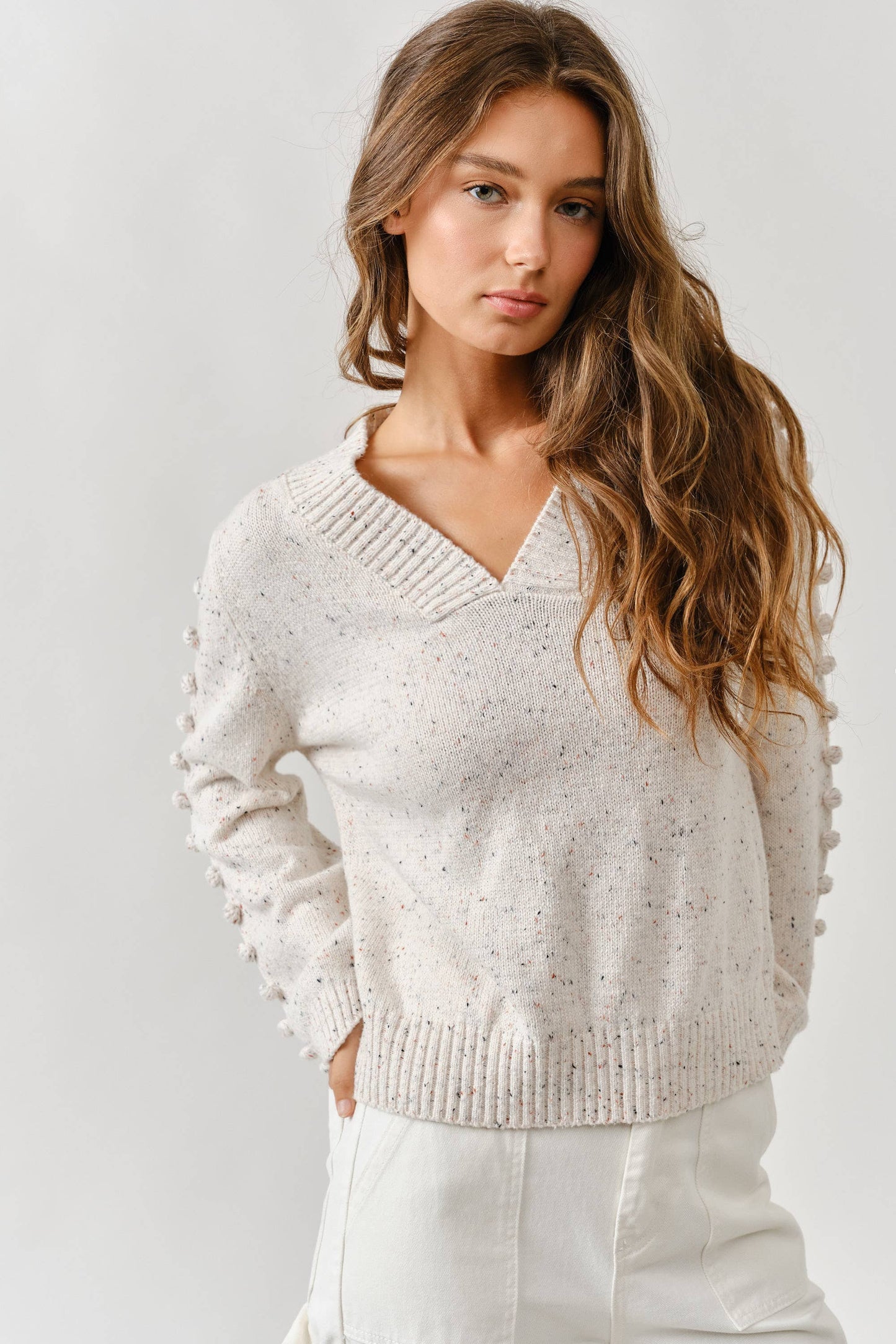 Aaron & Amber - MAS2843 POMPOM LONG SLEEVES V NECK SWEATER