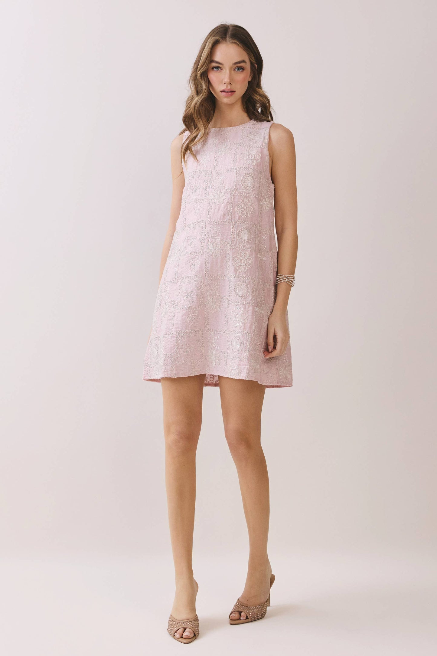 TCEC - CD05892-Embroidered Patchwork Sleeveless Shift Dress