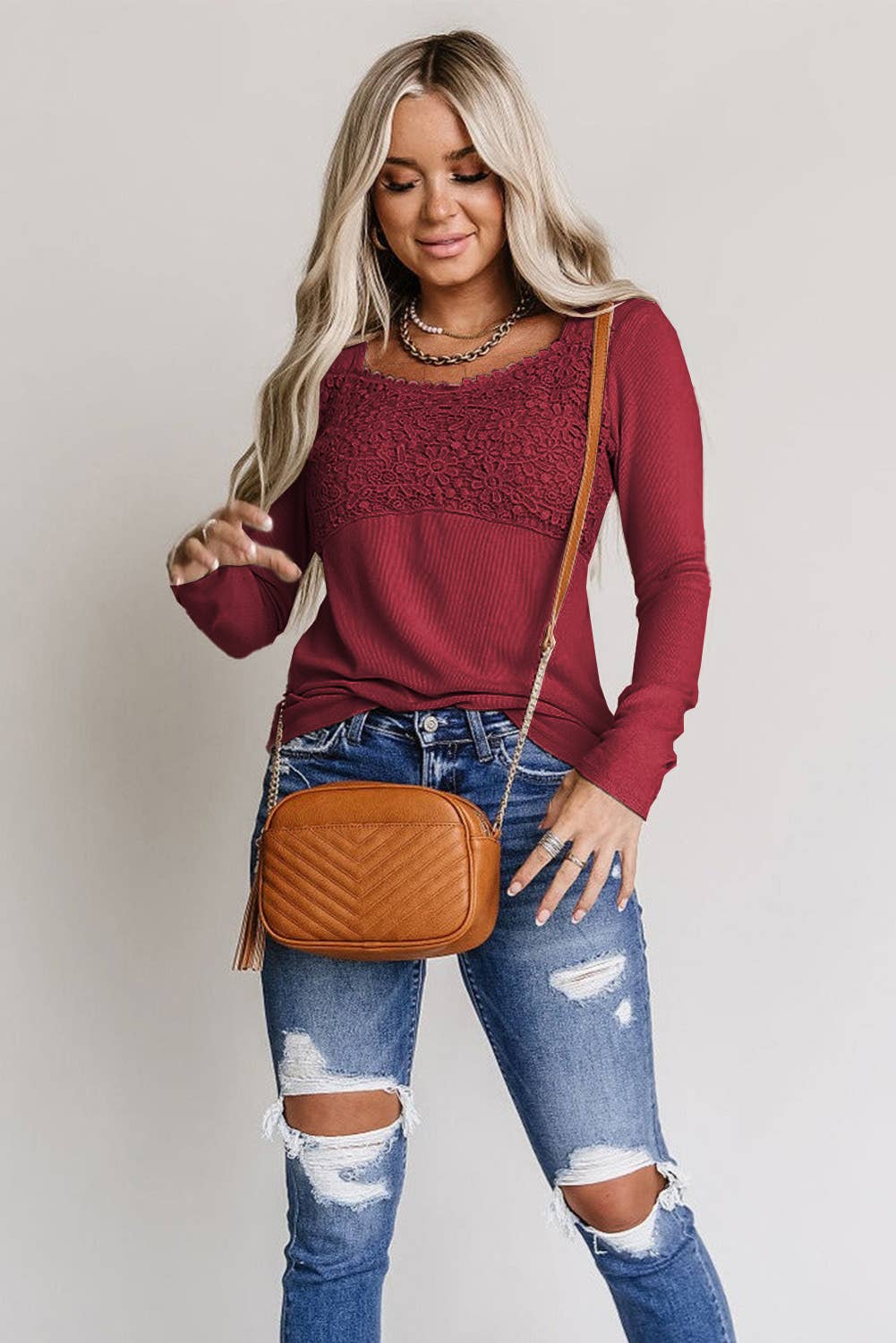 Lovesoft - Lace Crochet V Neck Long Sleeve Top